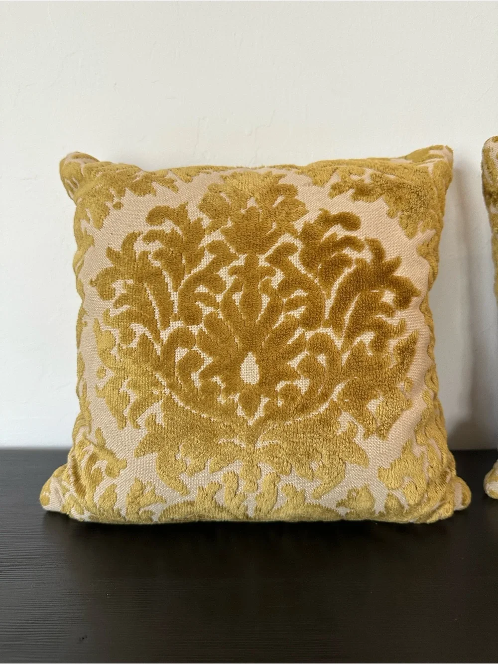 Pair of Vintage Gold Damask Chenille Velvet Decorative Pillows